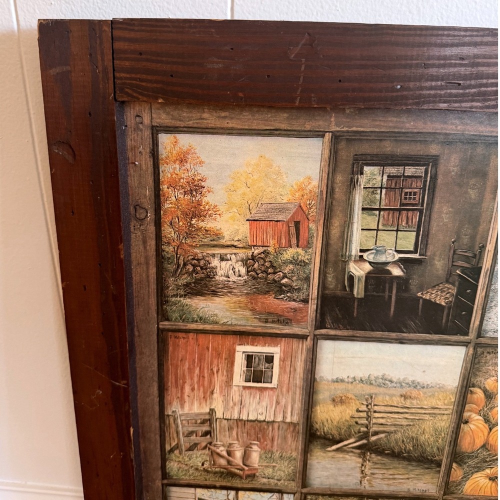 Vintage Homco B Mitchell Rustic Farmhouse 12 Panel Wood Framed Wall Art 24 x 24 - Picture 3 of 6
